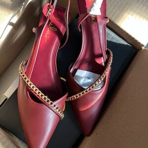 Lulu's Wine Red, Gold Chain Kitten Heels